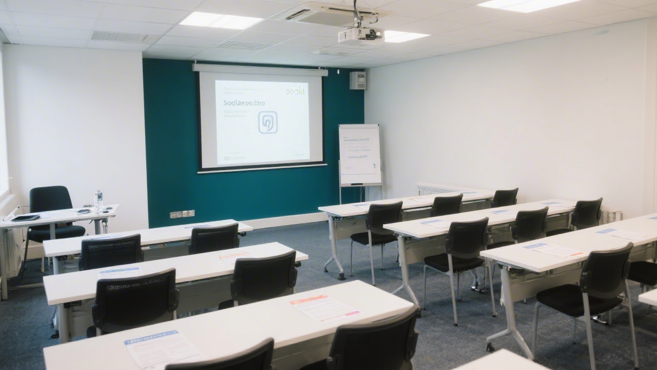 Well-lit training room with a projector and modular desks, highlighting a professional setting for practical social media learning in Dublin.