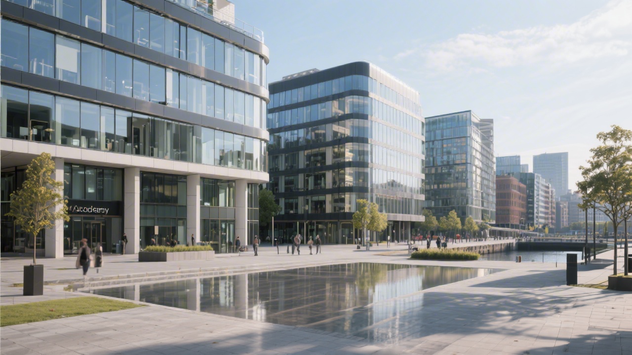 Exterior view of modern office buildings in Dublin Docklands with open plaza, reflecting the academy’s accessible city location.