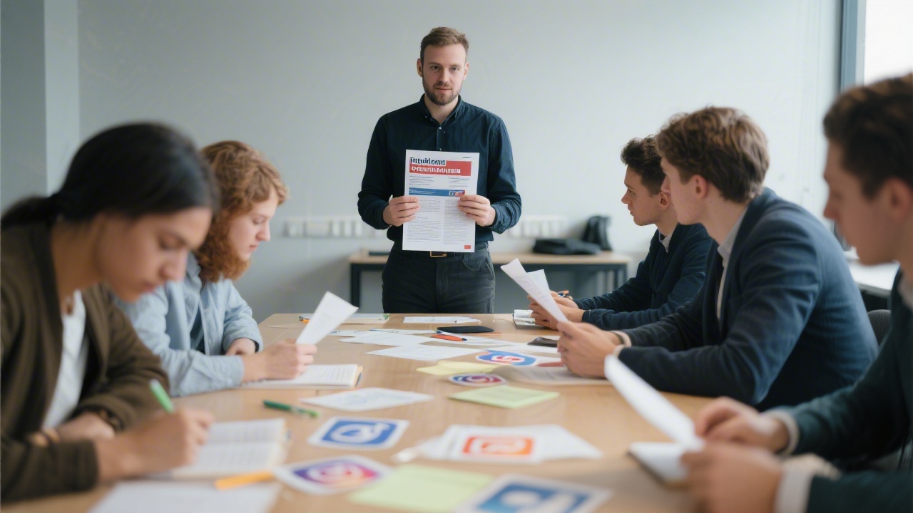 Instructor holding a printed campaign brief while participants review social media drafts at a collaborative table, representing applied learning.