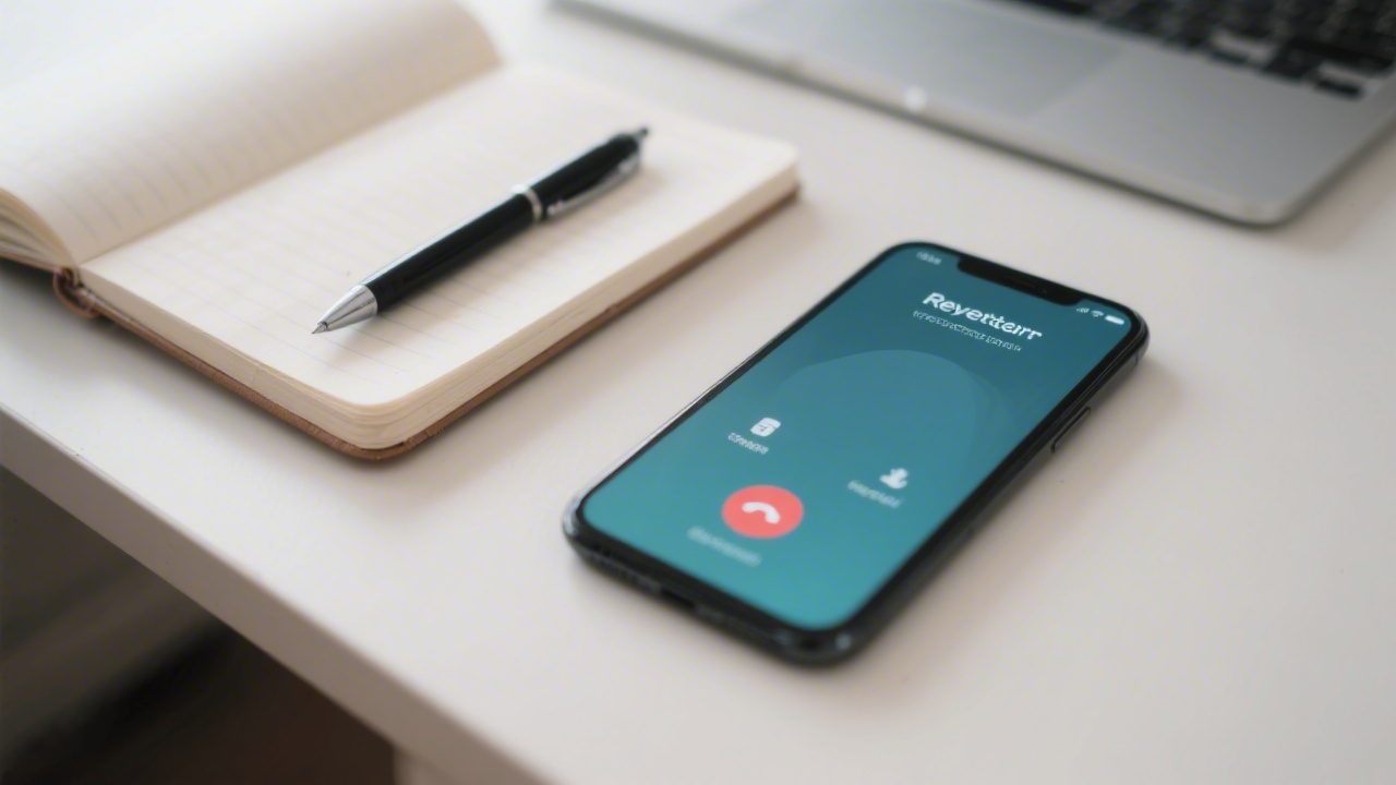 Close-up of a desk with a notebook, pen, and smartphone displaying a call screen, illustrating readiness to respond to enquiries.