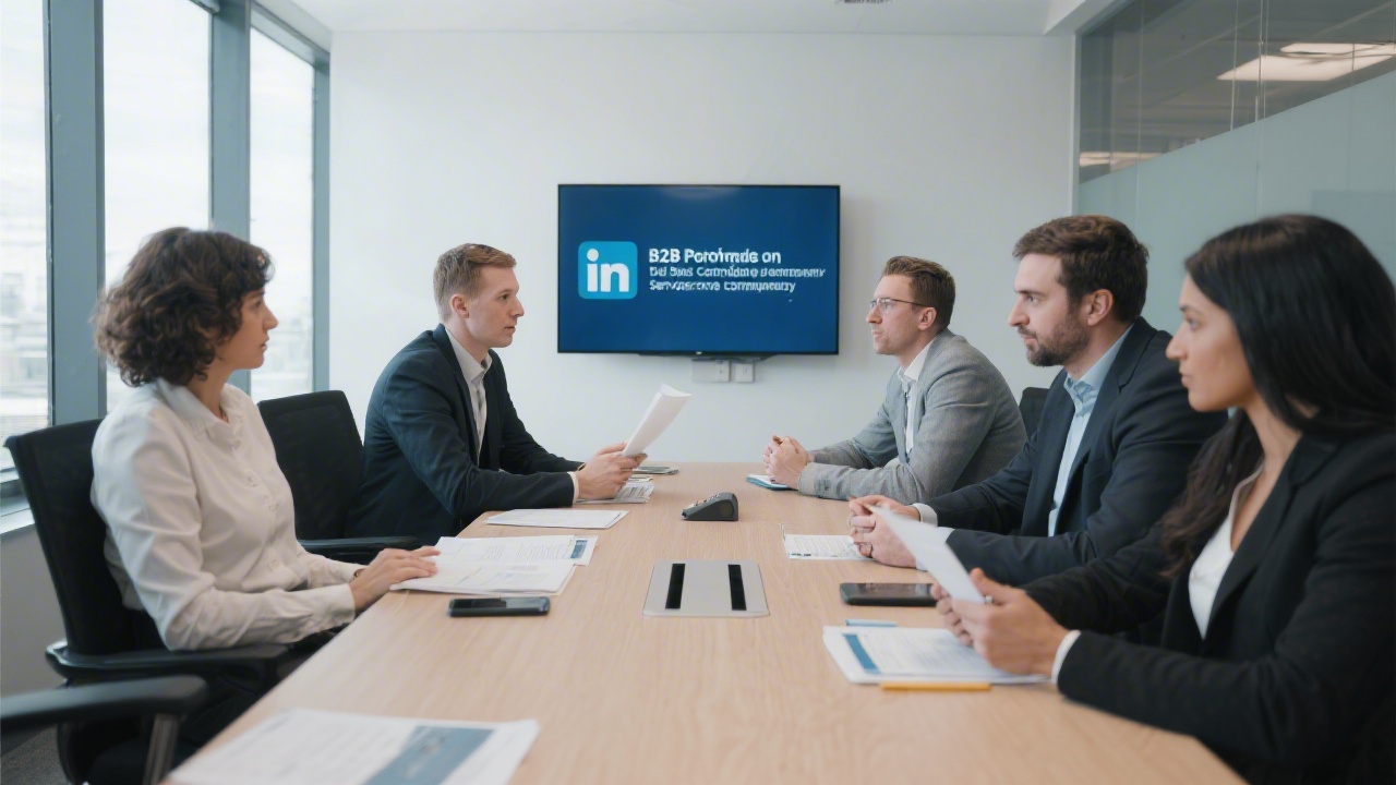 Professionals in a modern meeting room discussing LinkedIn campaign briefs and B2B positioning for Dublin-based service companies.