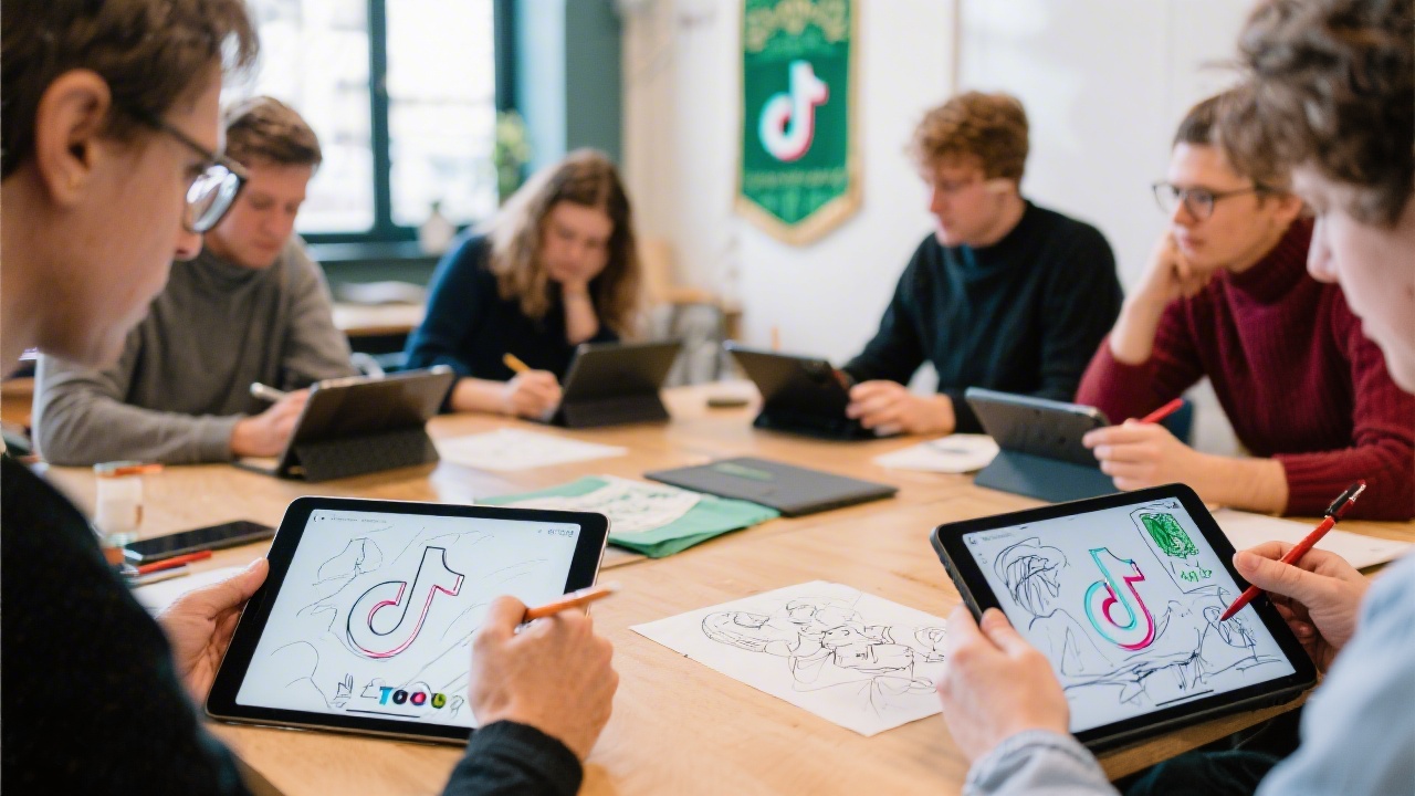 Small group workshop reviewing TikTok trends on tablets and sketching short video concepts tailored to Irish cultural moments and events.