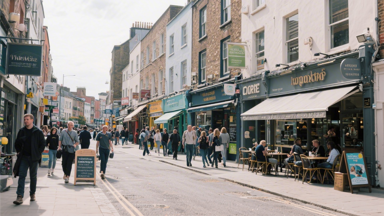 Busy Dublin street scene with local shops and cafés, representing the real market environment used for campaign examples in training sessions.