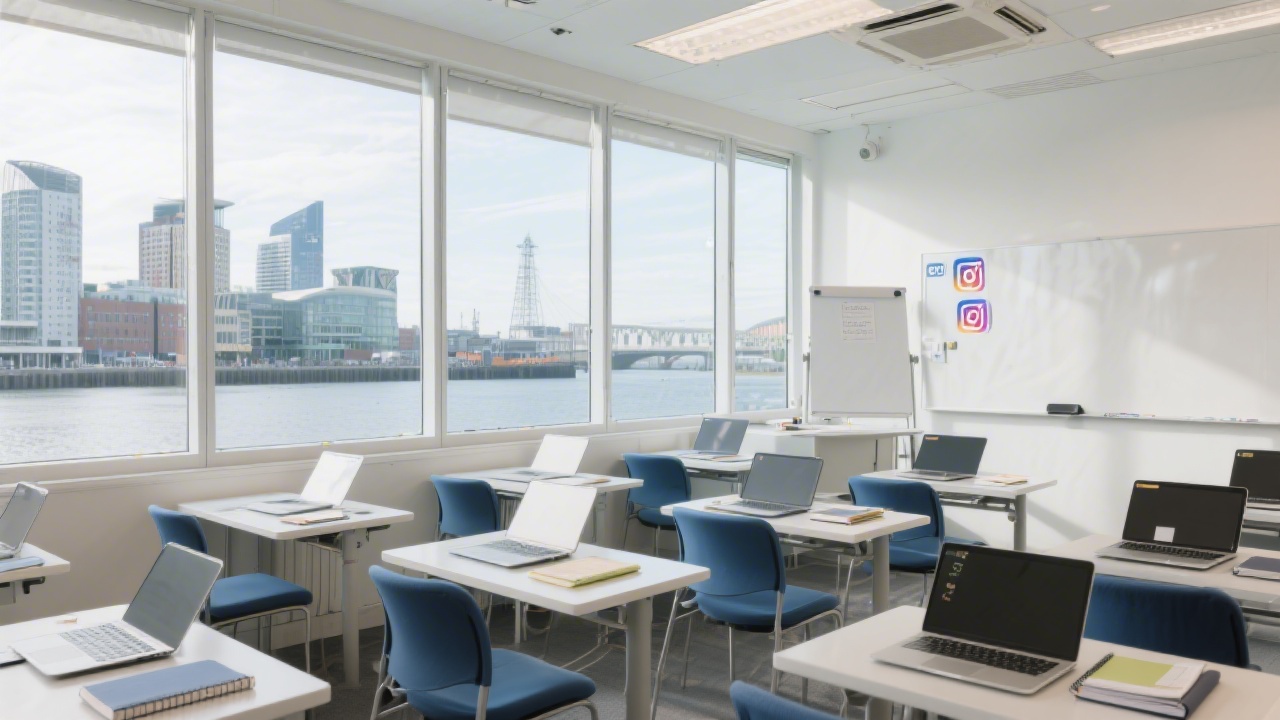 Bright classroom in central Dublin with laptops, notebooks, and a large window view of Docklands, illustrating a modern training environment for social media professionals.