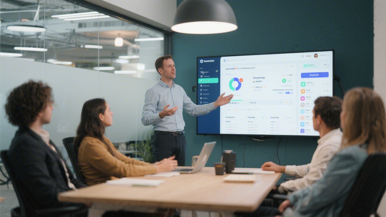Trainer presenting a social media campaign dashboard to a small audience in a modern Dublin workspace.