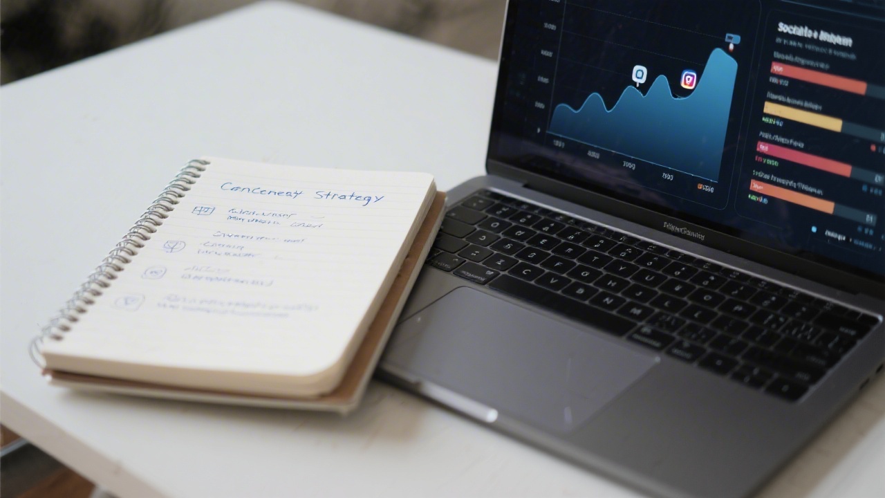 Notebook with structured content strategy notes beside a laptop showing social media analytics graphs, representing measurable learning outcomes.