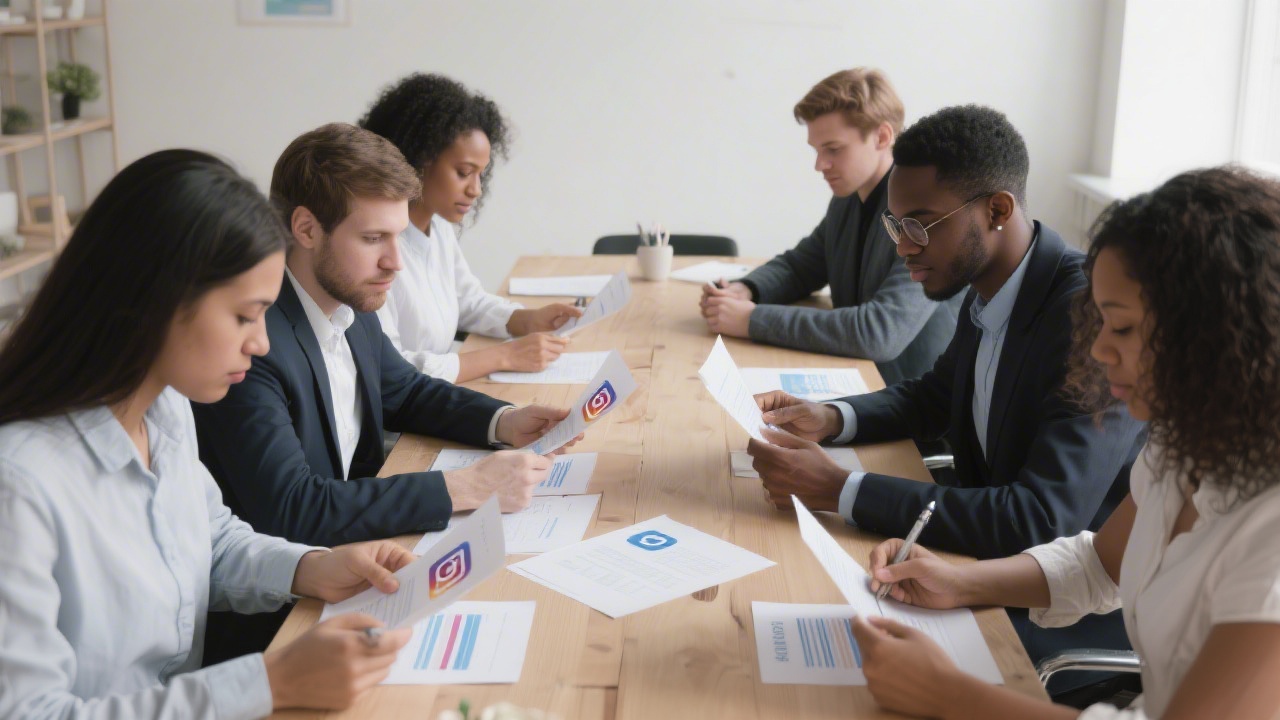Diverse group of professionals collaborating at a long table, each reviewing social media drafts and brand guidelines.