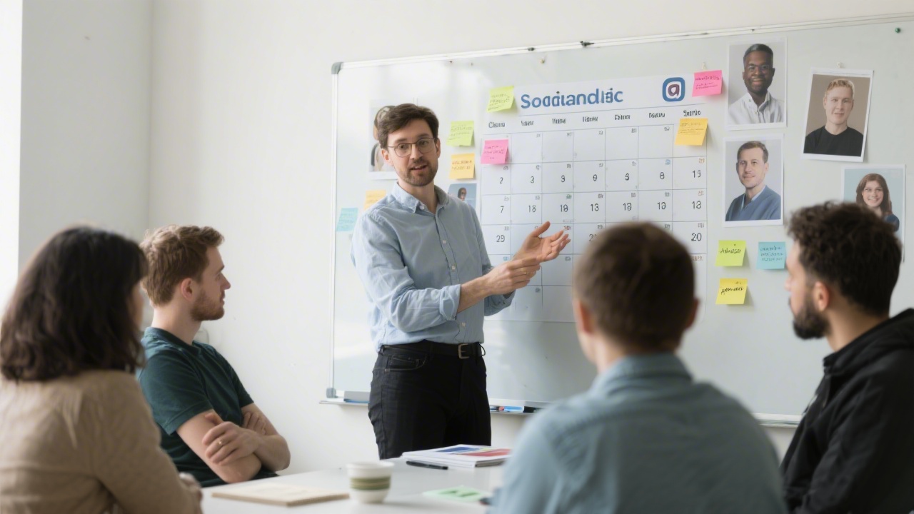 Facilitator guiding a small class through a social media calendar on a whiteboard, with printed audience personas and sticky notes visible.